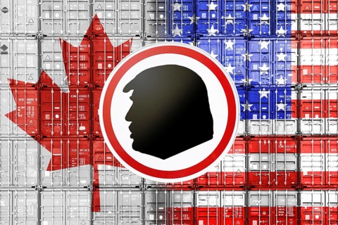 Customs sign with profile of Donald Trump in front of stacked containers in us and Canadian