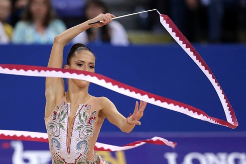 Sofia, Bulgaria - 14 September, 2018: Neviana VLADINOVA from Bulgaria performs with ribbon during