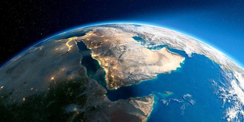 Highly detailed Earth with atmosphere, exaggerated relief and light-flooded cities. Transition from