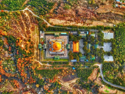 Aerial view of The Temple of Universal Happiness, Pule si, also called the round Pavillion, this