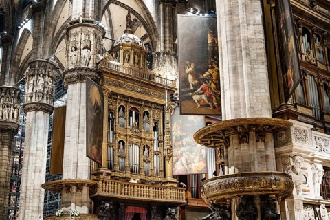 Ancient organ inside the Duomo. Milan, Italy.