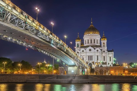 Moscow night city skyline at Cathedral of Christ the Saviour and bridge over Moscow River, Moscow,