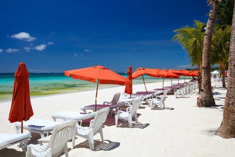Beach with Palm trees and deckchair on Boracay, island, Philippines, parasols, Boracay, Philippines