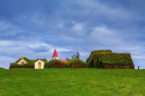 The village ancestors. The reconstituted village - a museum of the first settlers in Iceland. Roofs