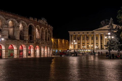 Beautifully illuminated Arena of Verona at Night, Italy