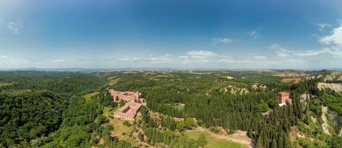Aerial view of the Abbey of Monte Oliveto Maggiore, a large Benedictine monastery in the Italian