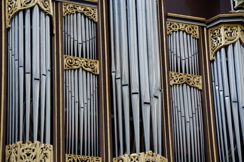 Detail of a church organ with pipe for choral music, Soroe, Denmark