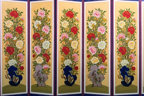 South korean room divider or screen with painted flowers, South Korea