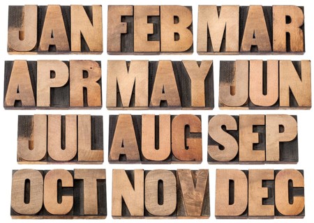 12 months from January to December - a collage of isolated 3 letter symbols in vintage letterpress
