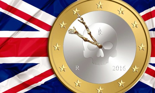 UK flag and an euro coin with skeleton arms as clock hands inside. Finance concept for leave and