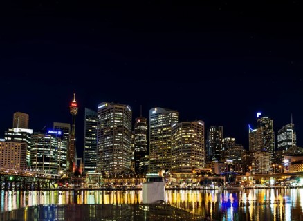 Darling harbour modern skyline in central sydney australia at night