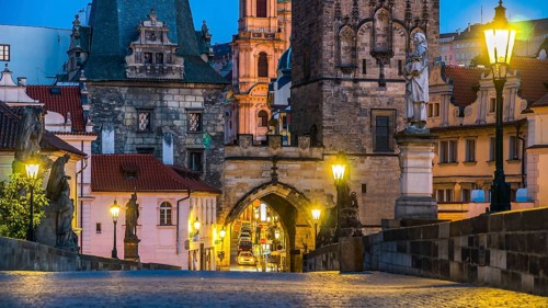 Architecture of Charles Bridge in Prague at early morning