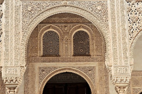 Alhambra, Granada, Andalusia, Spain, Fine arabesques and intricate architectural details in stone
