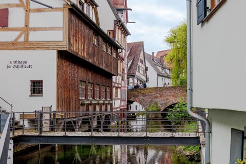 The picturesque and romantic fishermen's quarter in Ulm with the bridges over the little river Blau