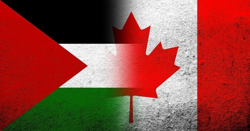 Flag of Palestine and National flag of Canada. Grunge background