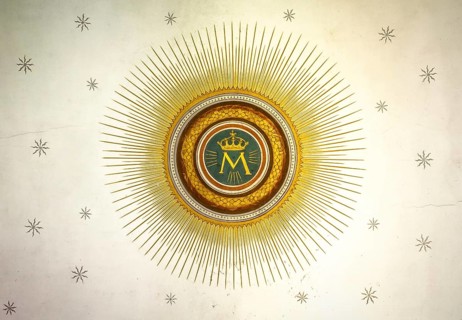 Monogram of the Blessed Virgin Mary, with crown, sun and stars on the background