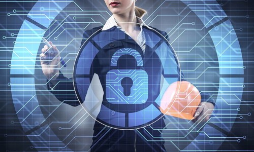 Computer security and information technology. Virtual padlock blue hologram and business woman with