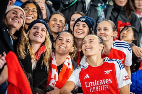 MELBOURNE, AUSTRALIA, MAY 24: Caitlin Foord of Arsenal Women FC with fans after beating the