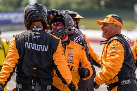 The Arrow McLaren Chevrolet team celebrate altering winning the Honda Indy 200 at Mid-Ohio Sports