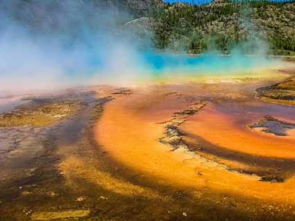 Closeup of colorful Grand Prismatic Spring located in the Midway Geyser Basin, is the largest