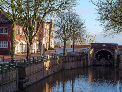 Urban scene with canal lined with trees and buildings. Bridge and reflection visible in the water,