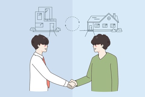 Happy men handshake make deal change houses. Smiling males shake hands make agreement sell and buy