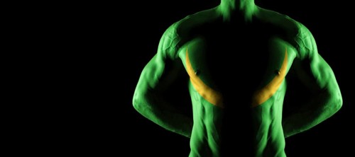 Mauritania flag on muscled male torso with abs, black background
