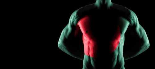 Bangladesh flag on muscled male torso with abs, black background