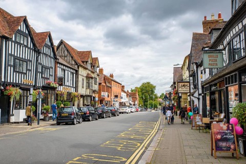 Street view of Stratford, a town in Cotswolds area known as the birthplace of Shakespeare, in