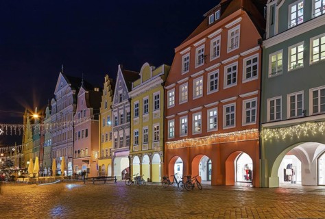 Historical houses on Altstadt street in Landshut in evening, Germany