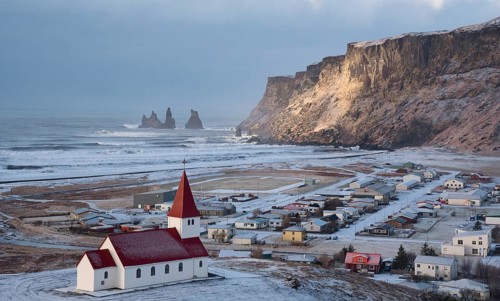 Vik Icelandic village in the Southeast Iceland covered in Snow in Spring