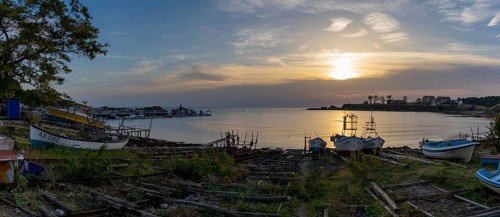 Athopol, Bulgaria, 23 October, 2022: panorama view of the boat ramps and small fishing boats in