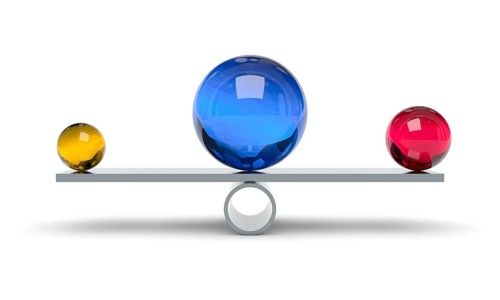 3d illustration of a blue red and yellow ball on a scale