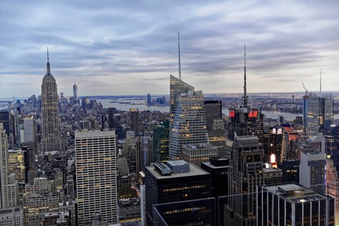 Rockefeller Center observation deck, panoramic view of the dense skyline of New York City, skyline