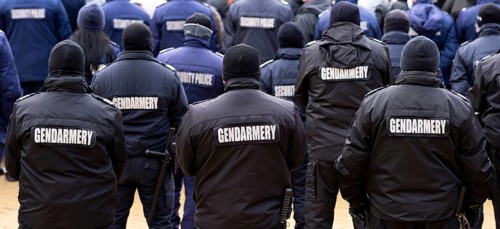 Police officers are seen from their backs. Unrecognizable policemen and policewomen. Gendarmery