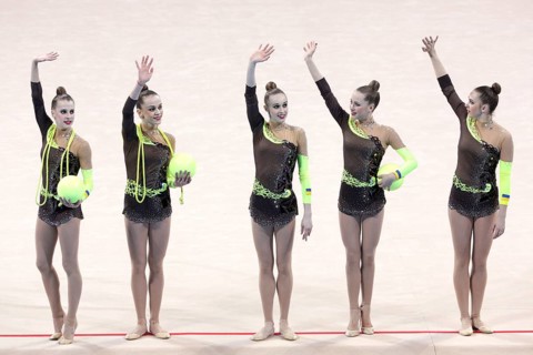 Sofia, Bulgaria - 7 May, 2017: Team Ukraine performs during Rhythmic Gymnastics World Cup Sofia