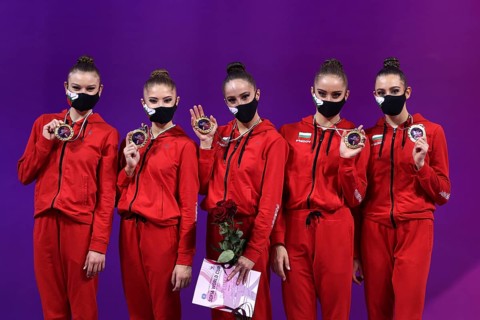 Sofia, Bulgaria - 27 March, 2021: Members of team Bulgaria pose with their gold medals on the