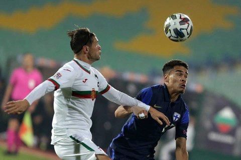 Sofia, Bulgaria - 15 November, 2020: Bulgaria's Strahil Popov (L) in action with Finland's Pyry