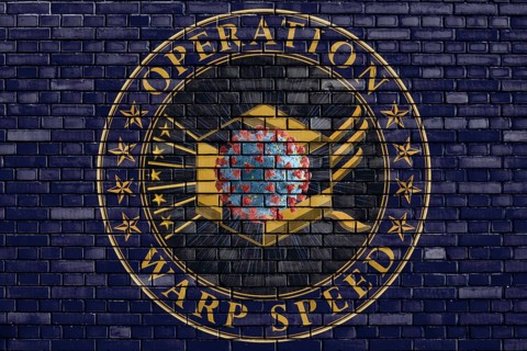 Flag of Operation Warp Speed painted on brick wall