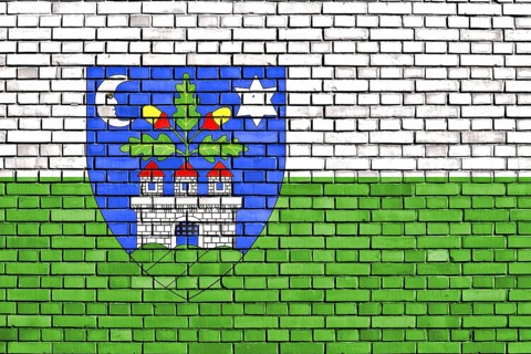 Flag of Veszprem County painted on brick wall