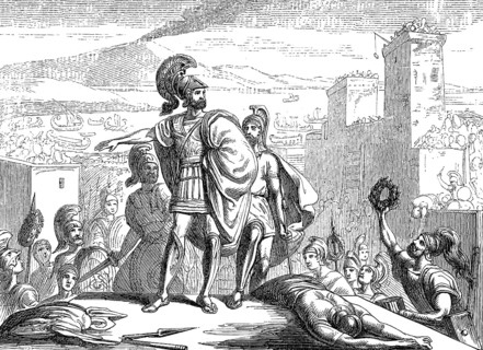 Timoleon c. 411-337 BC, a Greek statesman and general at Syracuse with the dead Hicetas, a
