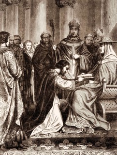 Lothair II, 835, 869, king of Lotharingia, kneeling down before Pope Adrian II