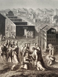 Healing the man blind from birth, New Testament, steel engraving 1853, digitally restored