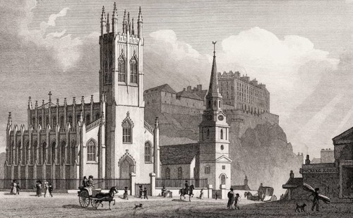 St John's Chapel, St Cuthbert's Church, and New Barracks, Edinburgh, Scotland, 19th century, from
