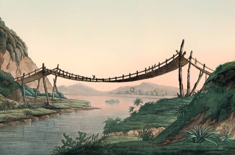 Rope bridge near Penipe, after a sketch by Humboldt from his travel writing “Vue des cordillieres“
