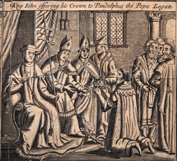 Illustrations from a 1583 edition of Foxe's Book of Martyrs, showing King John offering his crown