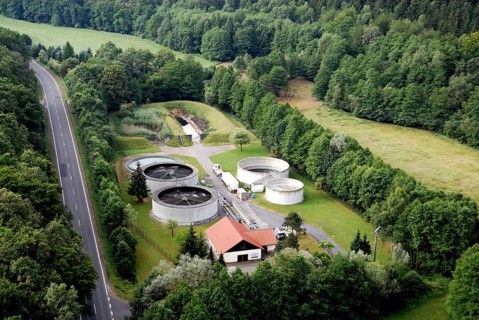Aerial view of a wastewater treatment plant