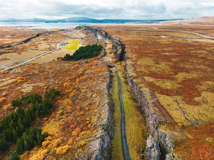 Aerial view of Thingvellir National Park, famous area in Iceland right on the spot where the