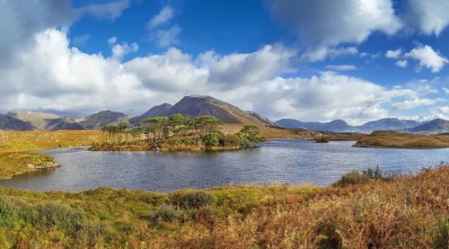 Landscape with lake from Pines Island Viewpoint in Galway county, Ireland