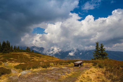 Lonely empty bench on the mountain in Planai in Austria